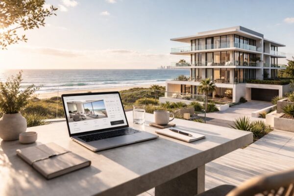 Premium Gold Coast short-term rental web design workspace overlooking beachfront apartment building with laptop displaying direct booking website layout